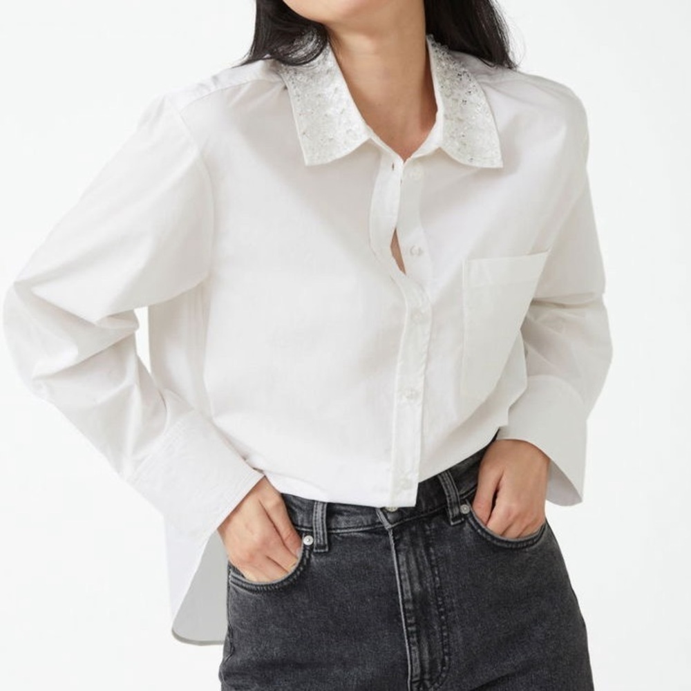 & other stories Gemstone embellished beaded button down white cotton shirt 8
